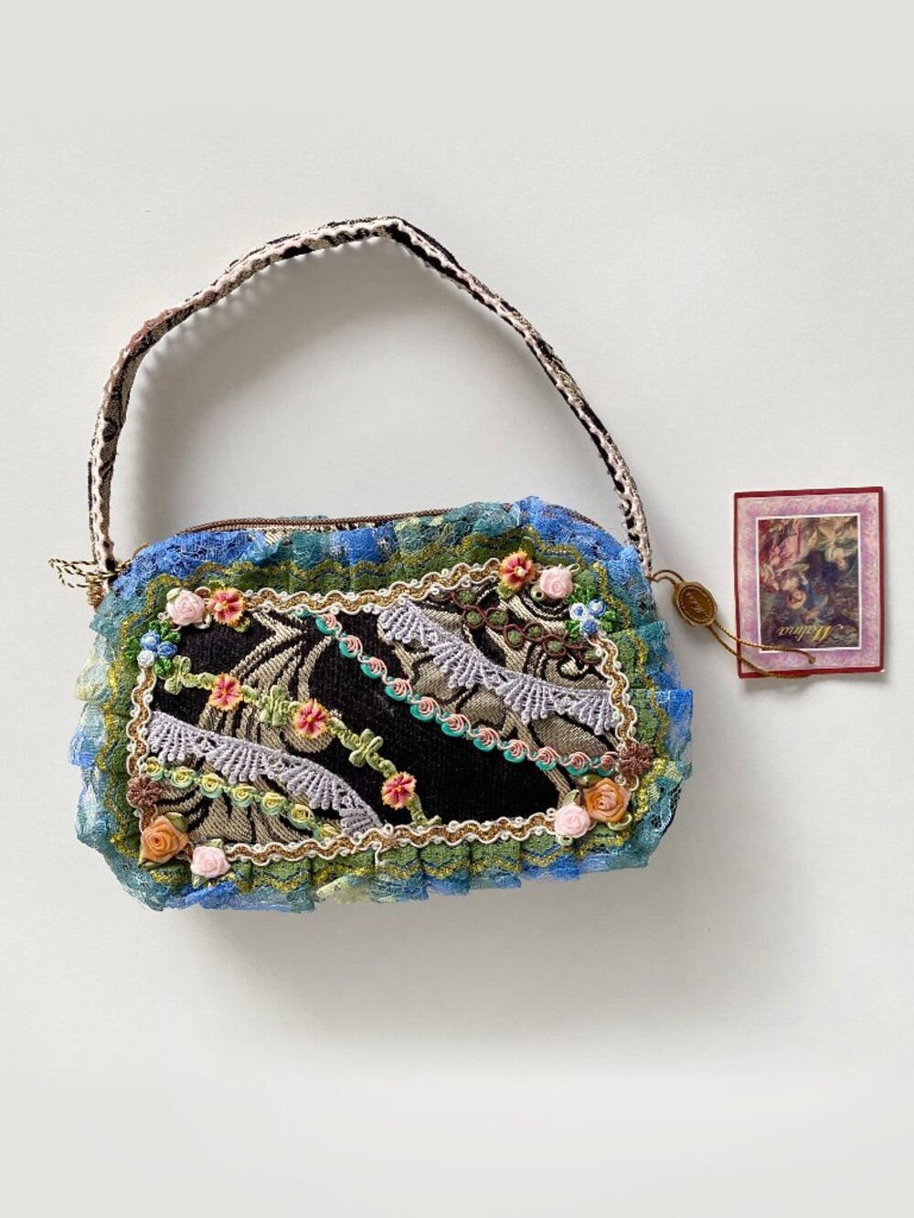 Malina Artisan Victorian Style Embroidered Lace Double handle Zip Handbag Purse